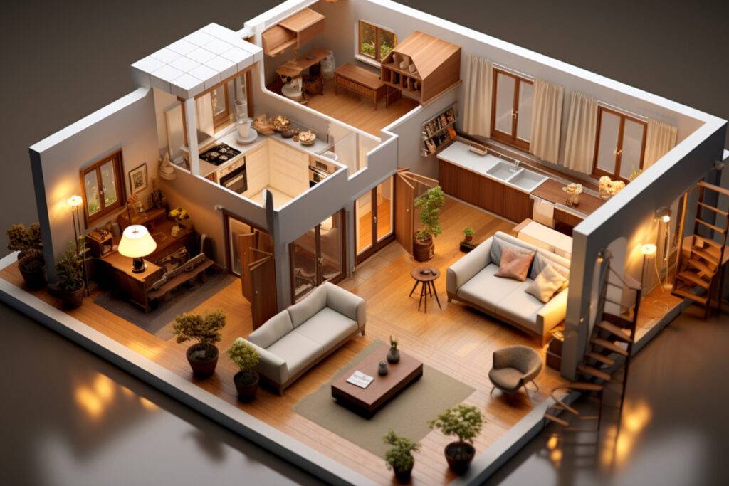 3D-Visualisierung einer gemütlichen Eigentumswohnung