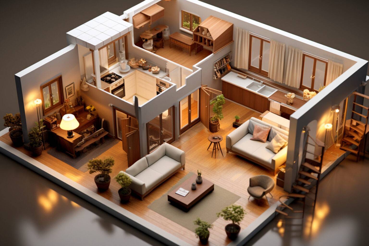 3D-Visualisierung einer gemütlichen Eigentumswohnung