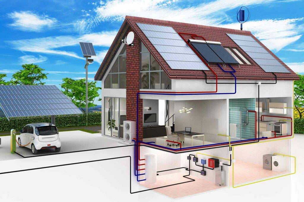 3D-Visualisierung wie ein Einfamilienhauses die Energie aus Solar und Photovoltaik nutzt